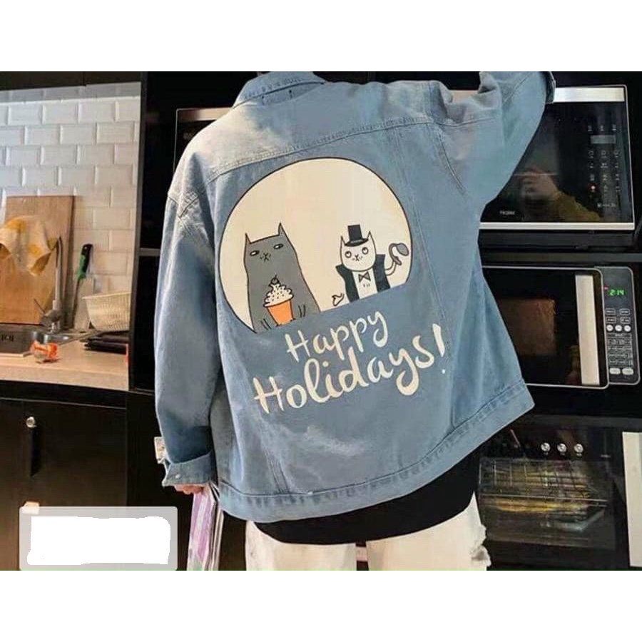 [Freeship] Áo khoác Jean Uniex Nam Nữ Happy Holidays Thời Trang Miamo TN060