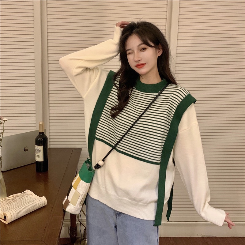 QADCOL Áo sweater dệt kim dáng rộng phong cách Hàn Quốc