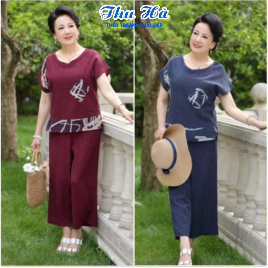 Đồ bộ mặc nhà Thu Hà quần áo trung niên cho mẹ chất liệu đũi nhăn mát mẻ form rộng thoải mái ĐBH.22