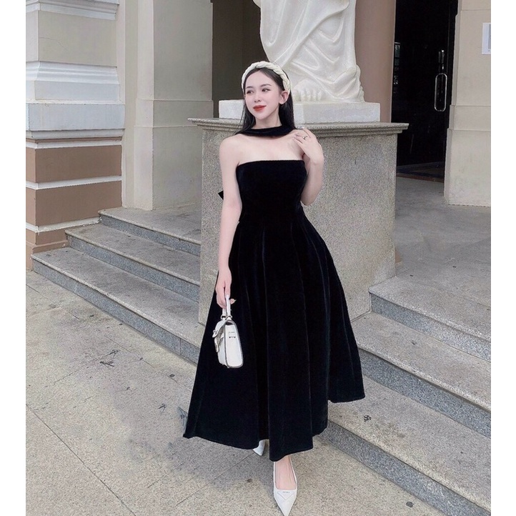 Đầm midi nhung đen xoè nơ lưng 2 dây cổ yếm choker (ảnh thật)