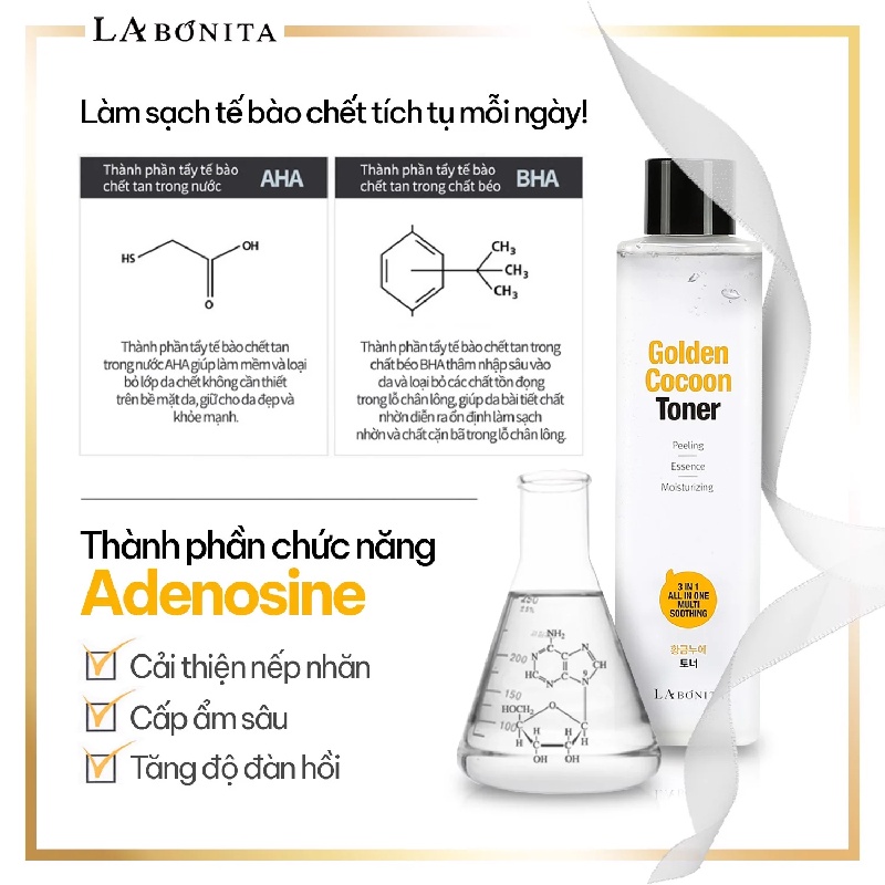 Nước cân bằng làm sạch, cân bằng, dưỡng ẩm da La Bonita Golden Cocoon Toner 340ml