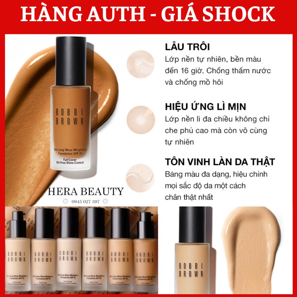 Tem chính Hãng- Kem Nền Lâu Trôi Bobbi Brown Skin Longwear Weightless Foundation SPF15-30ml- N032 Sand- N042 Beige