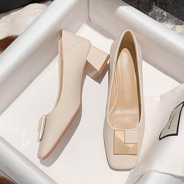 Giày Cao Gót Da Mềm Mũi Vuông Gót Dày Thời Trang Mùa Xuân Dễ Phối Đồ Cho Nữ