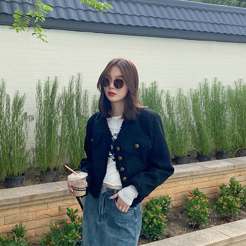 Áo Khoác Cardigan Ngắn Tay Dài Dáng Rộng Phối Tua Rua Màu Đen Thời Trang Thu Đông 2022