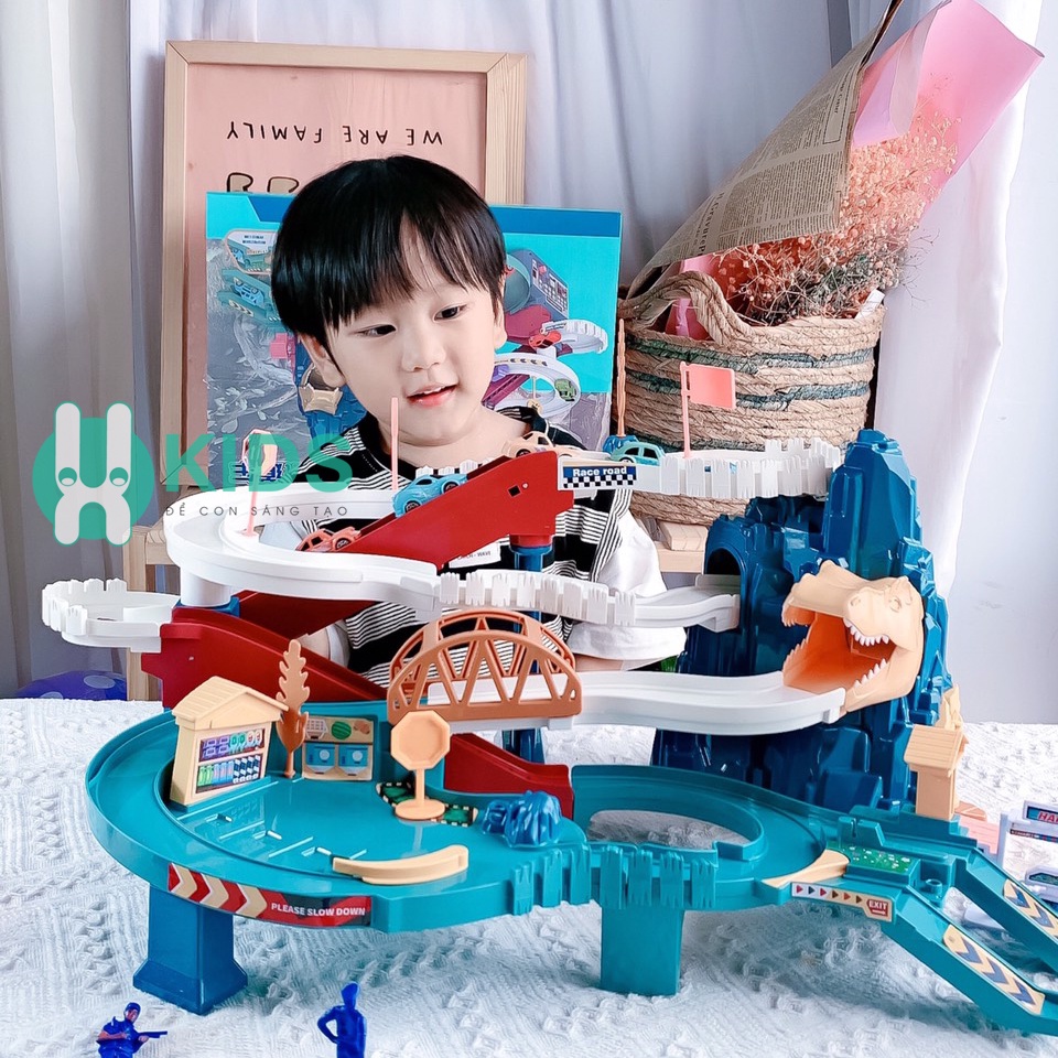 Đường hầm khủng long lắp ráp kèm nhiều ô tô chạy tự động, đồ chơi đường đua sáng tạo có nhạc đèn vui nhộn trẻ em