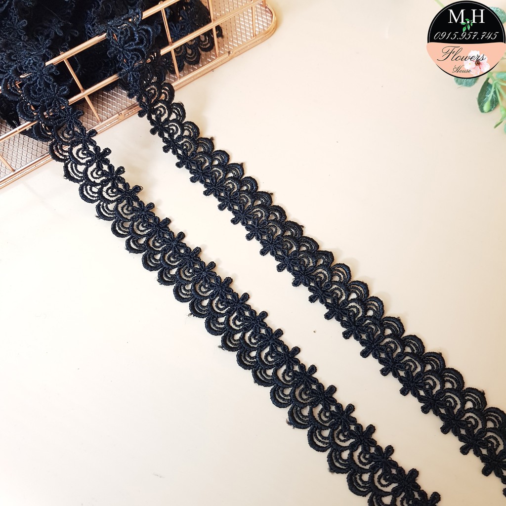 RC32 Cuộn 13 mét dây vải ren chỉ đen ren thêu hoa rộng 3cm ren may đồ Maihoaflower