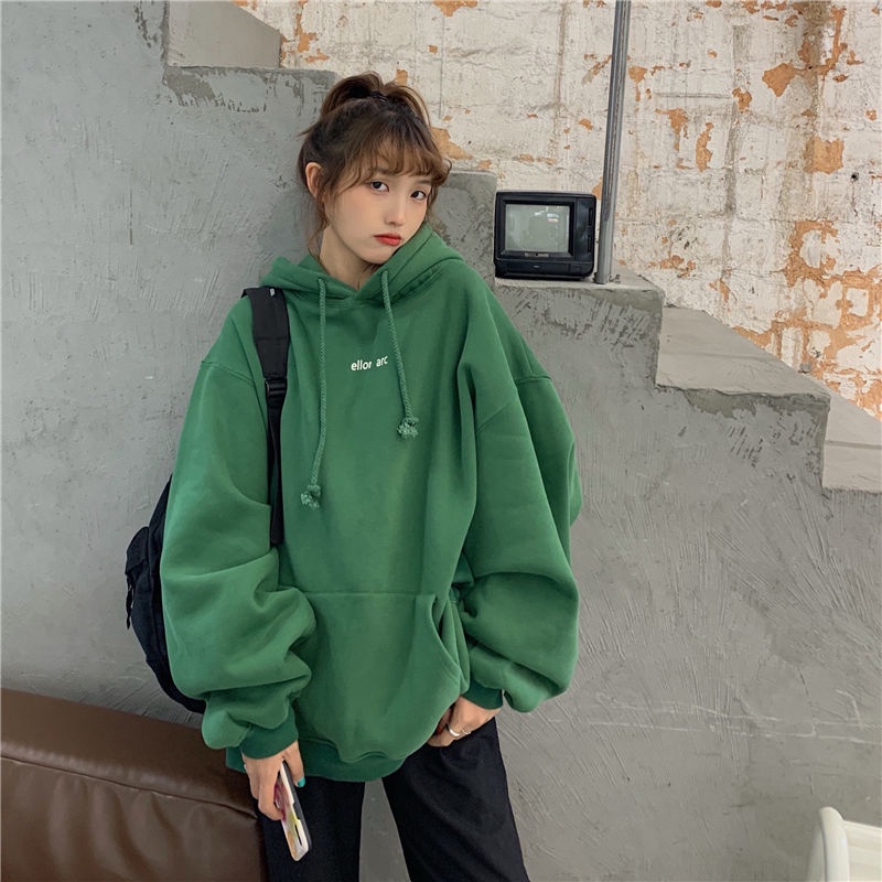 Áo Hoodie Nỉ Dày Dáng Rộng Tay Dài Màu Xanh Lá Thời Trang Thu Đông Cho Nam Và Nữ S-2XL