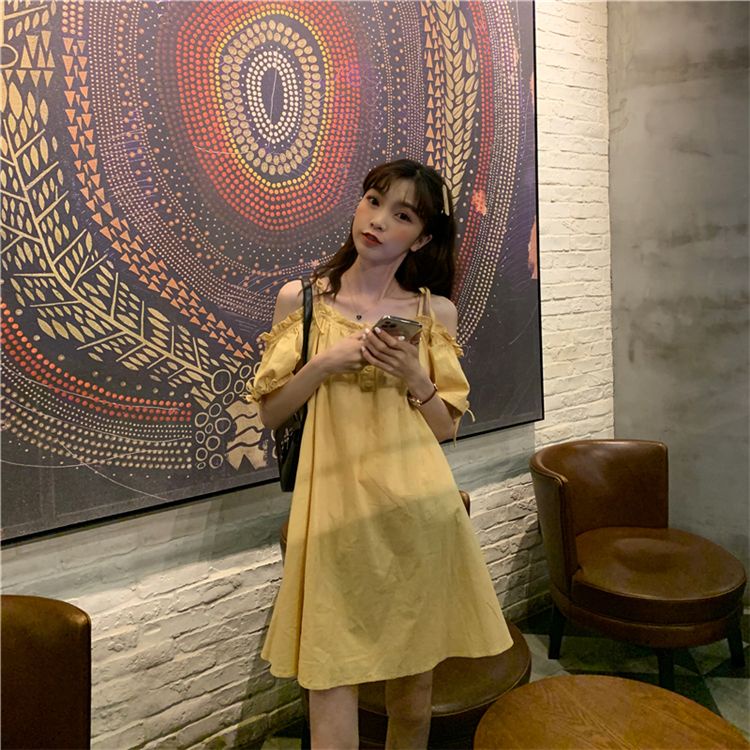 Đầm Midi Hai Dây Dáng Suông Màu Trơn Tay Phồng Kiểu Pháp Xinh Xắn