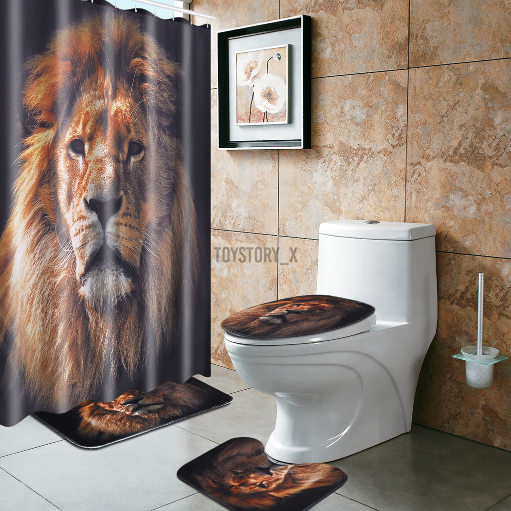 Lion Animal Shower Curtain Bath Pad Pedestal Rug Lid Toilet Mat Cover