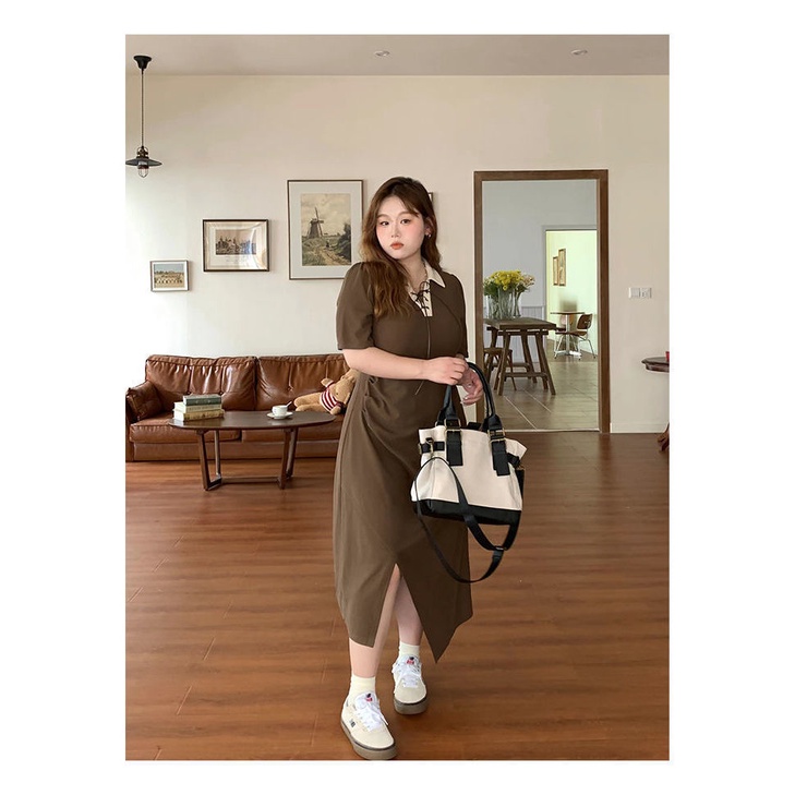 Đầm Dài Dáng Chữ A Tay Ngắn Cổ Polo Ôm Eo Thiết Kế Ghép Mảnh Dành Cho Bạn Nữ