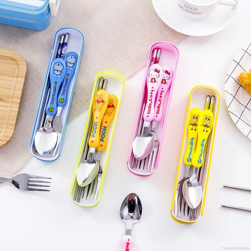 Bộ đũa muỗng nĩa bằng thép không gỉ họa tiết hoạt hình dễ thương cho bé