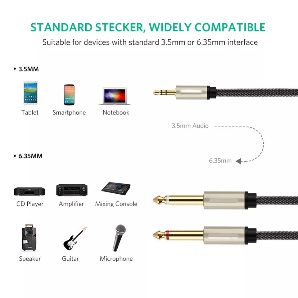 Dây cáp âm thanh nổi 3.5 Mm sang dual 6.5 Mm TH6-3.5 - Cáp chuyển đổi âm thanh jack 3.5mm sang 2 đầu jack 6ly