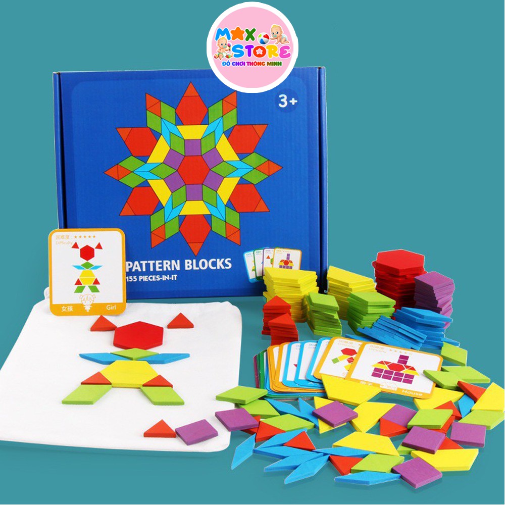 Bộ Ghép Hình Sáng Tạo Pattern Blocks 155 Chi Tiết Bằng Gỗ