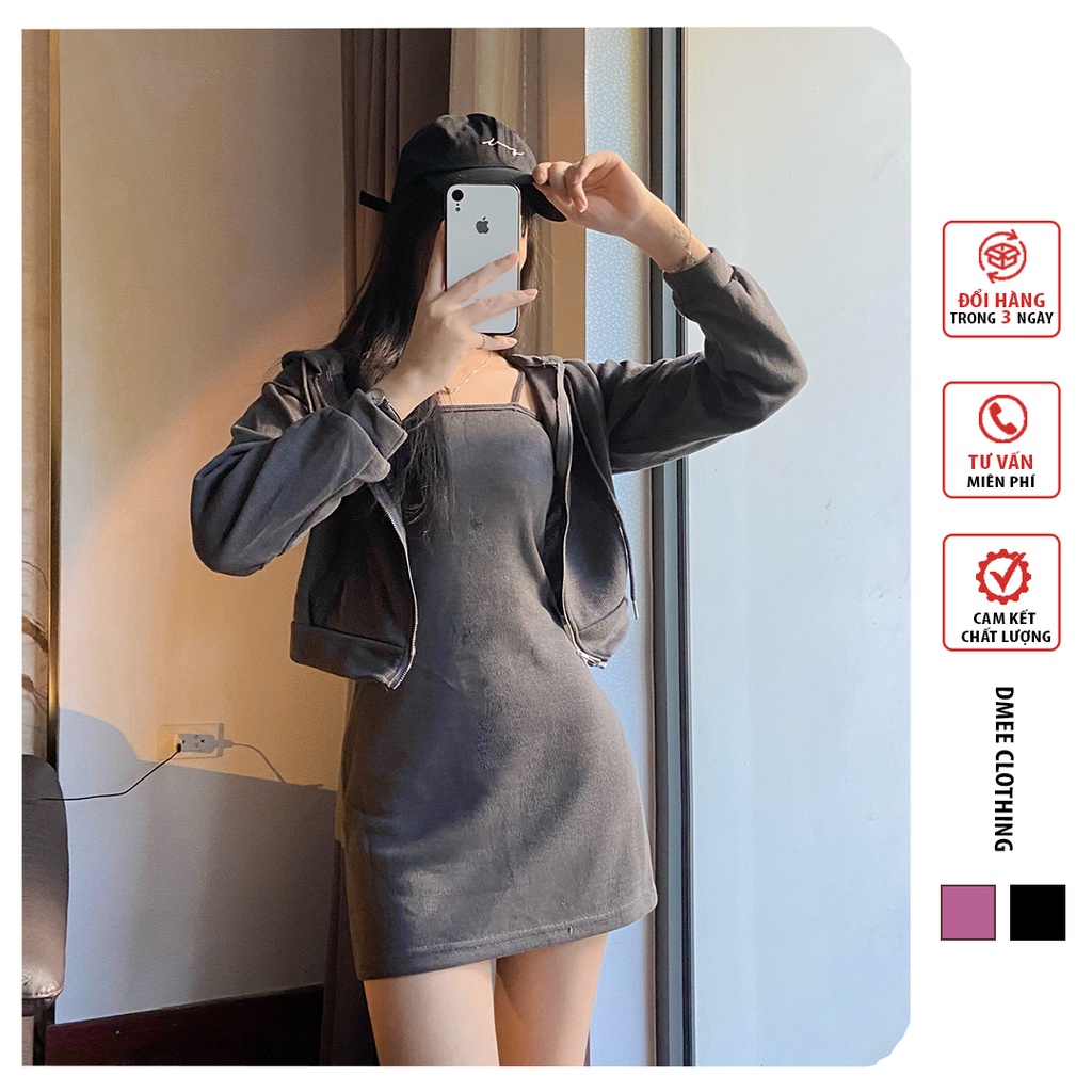Set Váy Nữ Kiểu Dáng Thể Thao DMee Chất Nỉ Da Cá Dày Dặn (Gồm váy hai dây và Áo khoác có mũ)