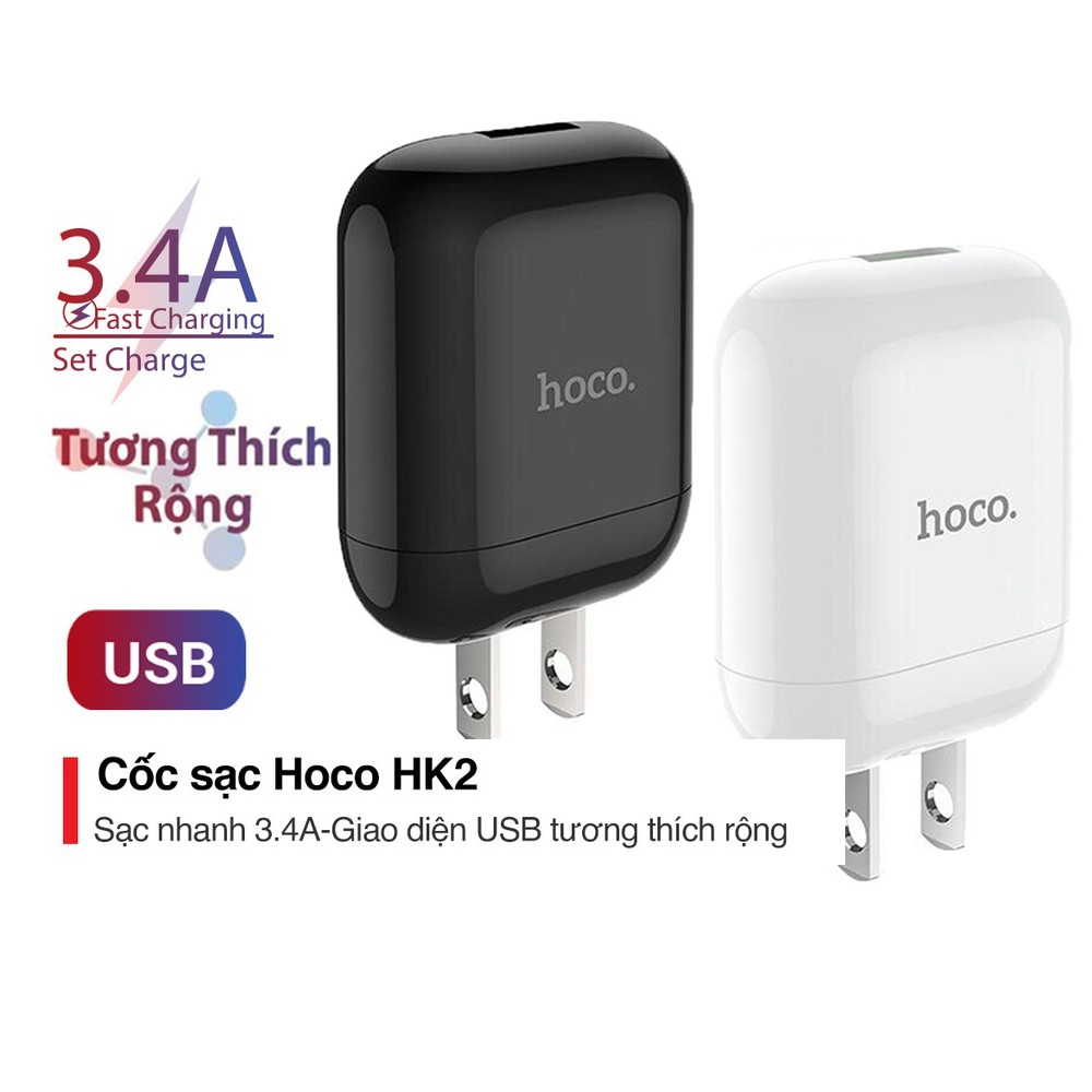 Hoco Chính Hãng Củ Sạc Nhanh Siêu Bền Hoco HK2 3.4A nhựa ABS cốc chuôi dẹt tương thích tốt cho mọi thiết bị hiện nay
