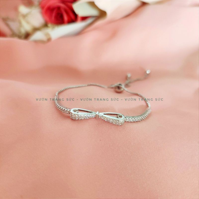 Vòng tay bạc S925 dây rút - Lắc tay nữ bạc Ý dây rút hình nơ đính đá Bling Bow dễ thương Vườn Trang Sức VTSVT023