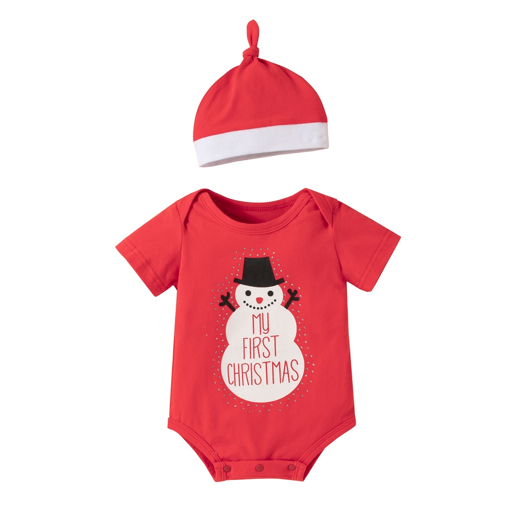 Áo Liền Quần Ngắn Tay + Mũ Cotton Họa Tiết Giáng Sinh Đáng Yêu Cho Bé