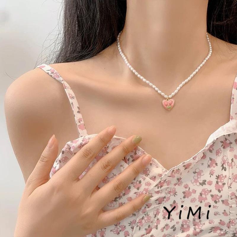 Vòng cổ Mặt Hoa Tulip Đính Ngọc Trai Nhân Tạo Thời Trang