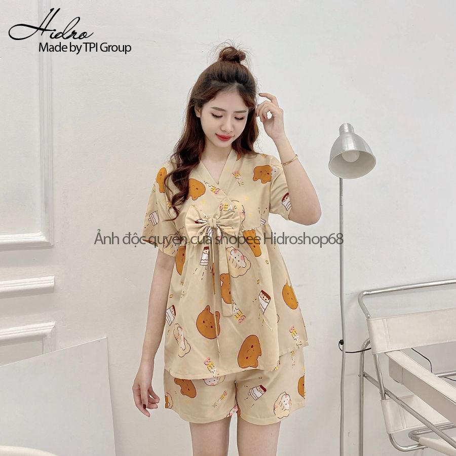 Bộ Pijama Kimono Phối Nơ Dáng Babydoll Đồ Ngủ Nữ Dễ Thương Chất Mềm Mát