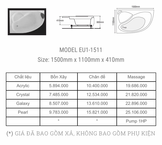 BỒN TẮM GÓC EUROCA  - MODEL EU1 - 1511 - BẢO HÀNH 3 NĂM