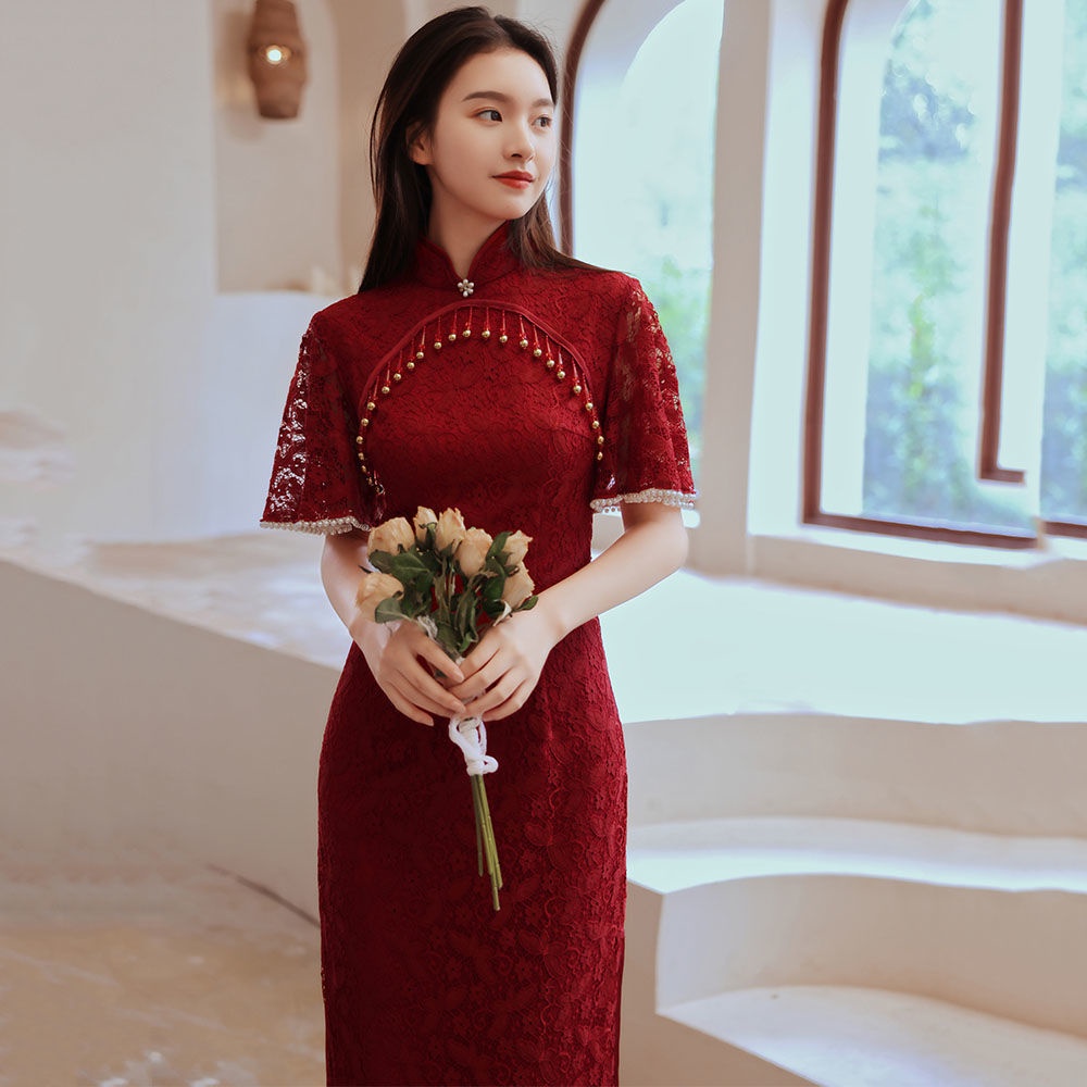 @ @ Đầm Sườn Xám Cao Cấp Màu Đỏ Rượu Vang Phong Cách Mới 2024 Cho Cô Dâu Trong Tiệc Cưới Cao Cấp Thường Ngày