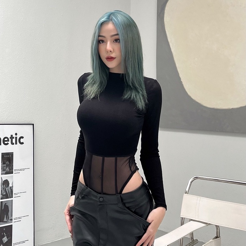 Áo Liền Quần Bodysuit Ôm Body Cổ Tròn Tay Dài Phối Lưới Xẻ Eo Quyến Rũ Mã BS05