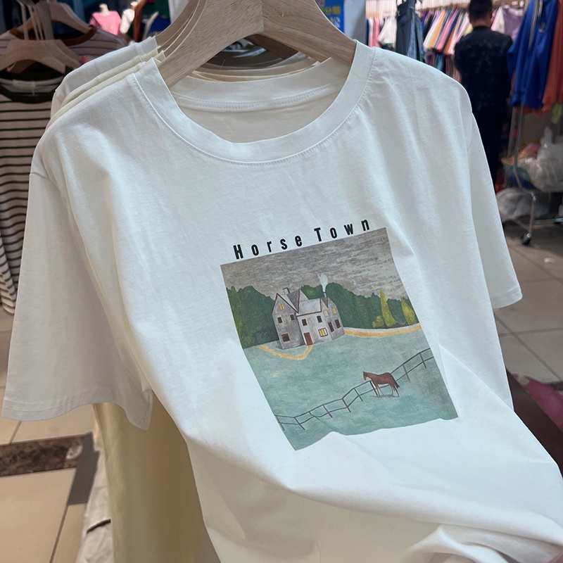 HIIXIIVI Áo Thun 100% cotton Tay Ngắn Cổ Tròn In Hình Hoàng Hôn Thời Trang Mùa Hè Phong Cách Hàn Quốc Cho Nữ 2022