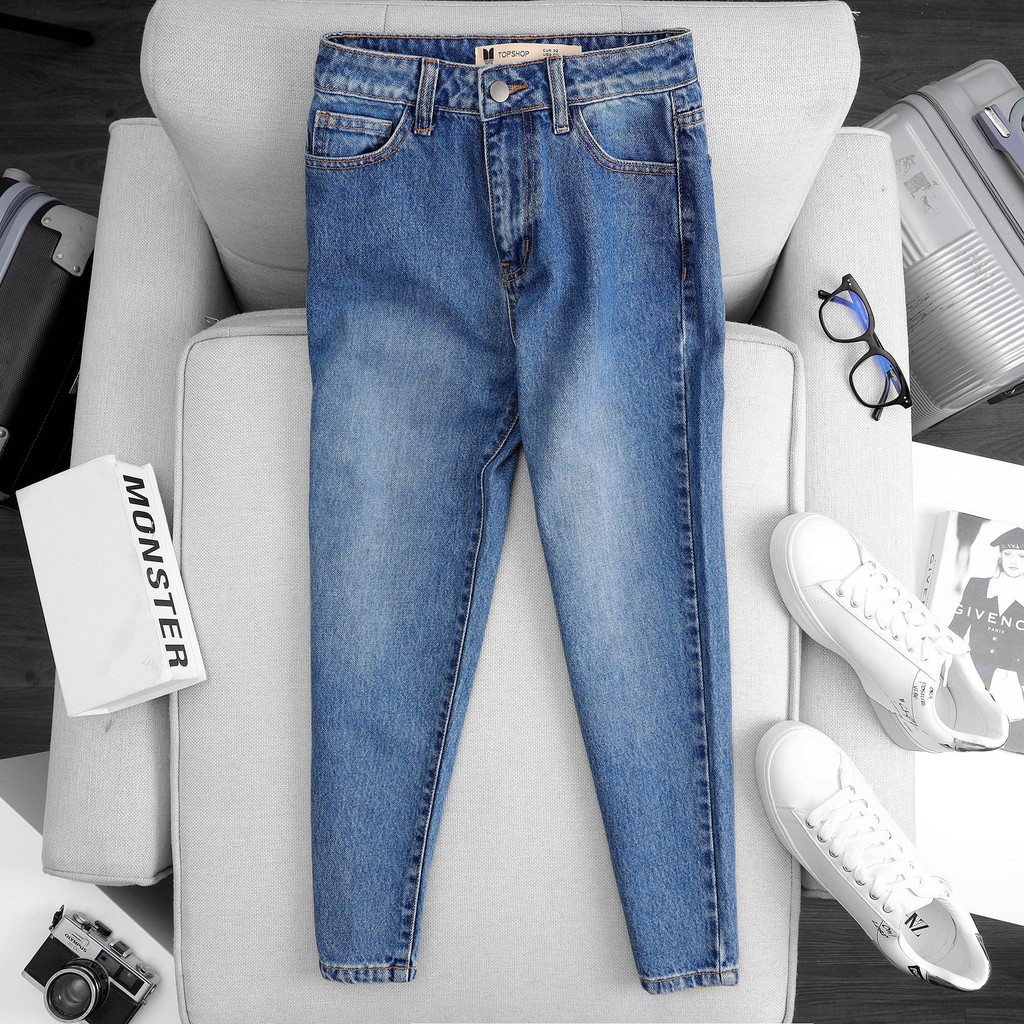 Quần Mom Jeans Nữ Lưng Cao Xanh Đậm Wash Đùi M-03B