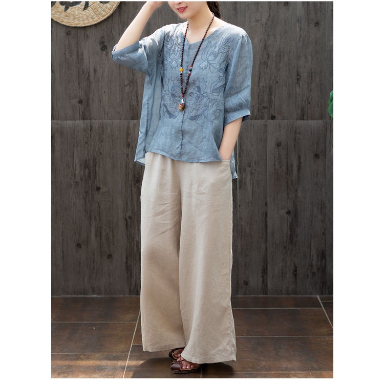 Áo Thun 100% Cotton Mỏng Tay Ngắn Thoáng Khí Thêu Hình Hoa Sen Phong Cách Retro  100% Cotton Cho Nữ 2022