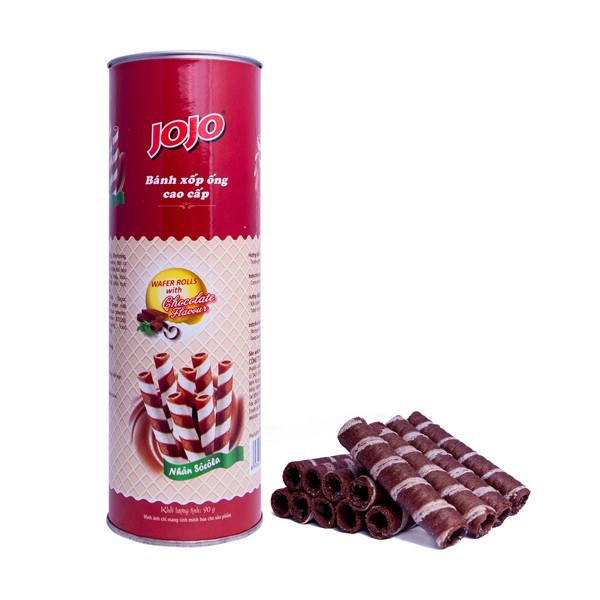 BÁNH XỐP ỐNG JOJO NHÂN SÔ CÔ LA LON 90G