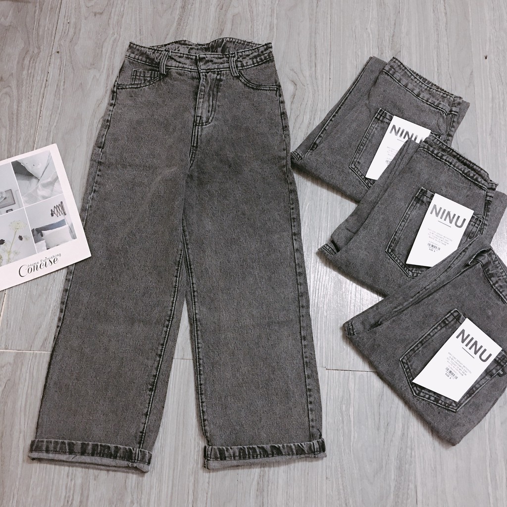 Quần bò ống rộng suông cạp cao tua gấu vải bò denim cực chất - CM Shop