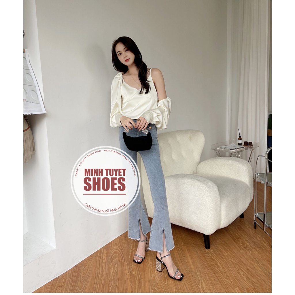giày cao gót minhtuyetshoes sandal đế vuông 8cm-9cm quai mảnh đính đá xoàn mẫu mới đi tiệc