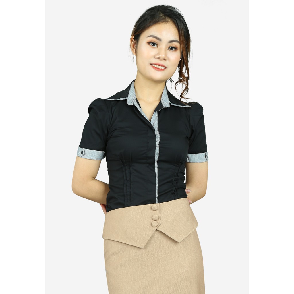 Áo sơ mi thô đen tay cộc cổ đức cravat cá vai The One Fashion ADV033DE