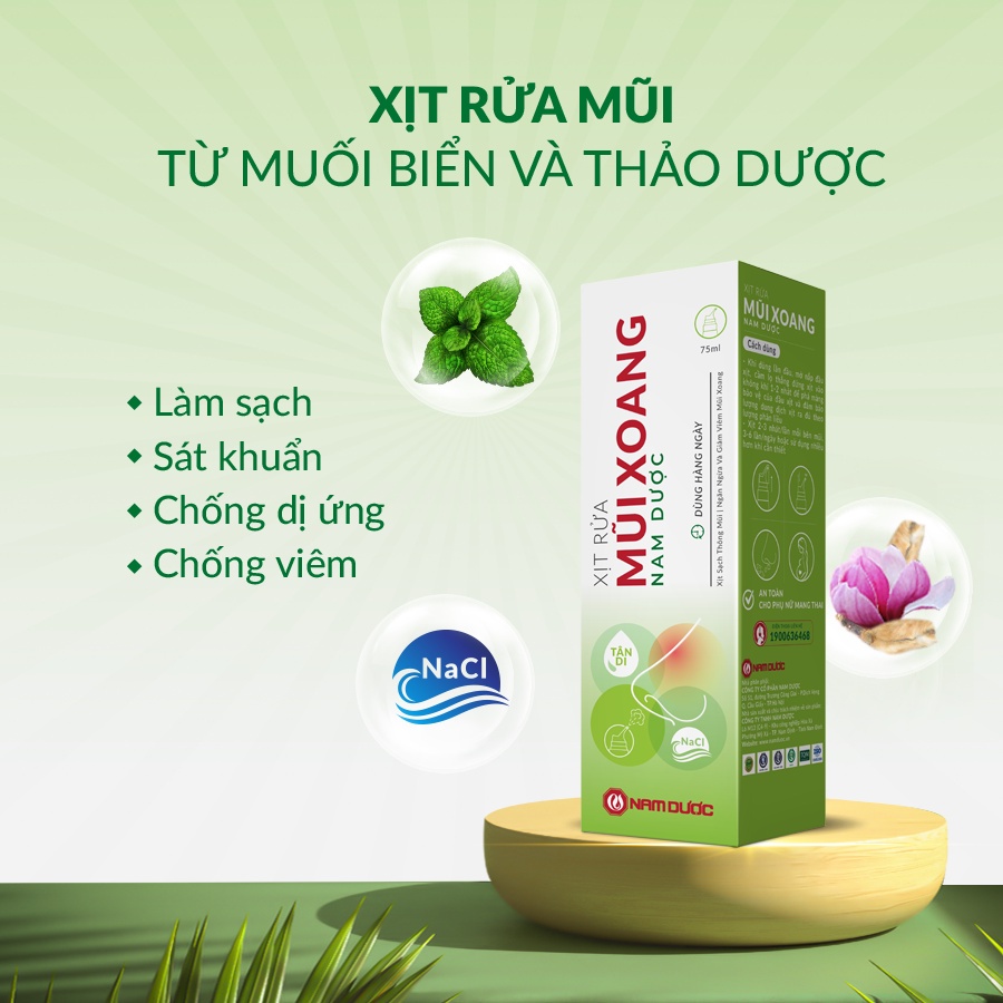 Xịt rửa mũi xoang Nam Dược chai 75ml muối biển và thảo dược giúp xịt sạch, thông mũi, ngăn ngừa và giảm viêm mũi xoang