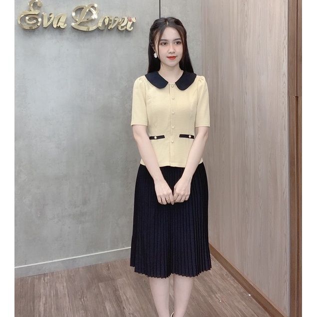 Set váy ký giả công sở xếp ly áo cổ đức cài hoa nơ thiết kế tôn dáng váy xếp ly Eva lover tặng tag cài hoa