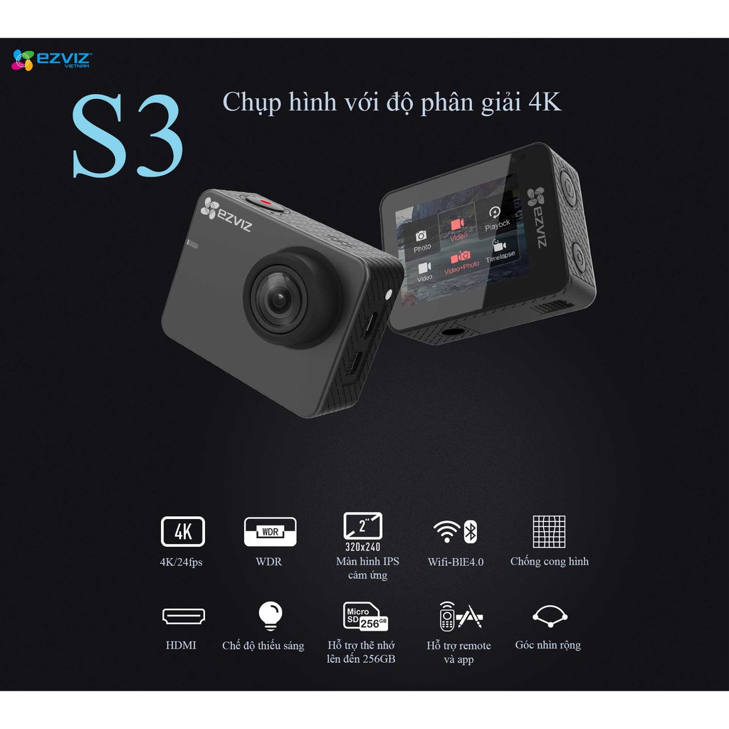 Camera hành trình EZVIZ S3 độ phân giải 4K/24fps Màn hình cảm ứng IPS LCD- 1080P/50fps