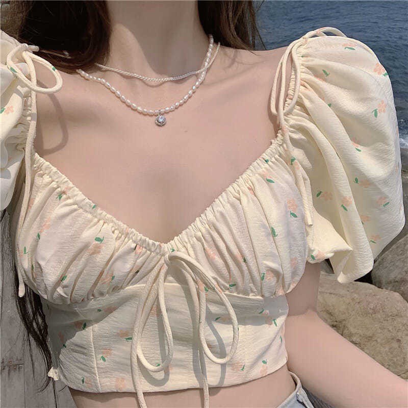 Áo hoa COZOKC tay phồng cổ vuông thời trang cho nữ