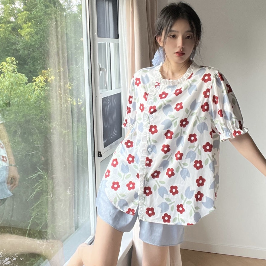 Bộ Đồ Ngủ Hai Mảnh Áo Tay Ngắn Dáng Rộng Vải Mỏng In Hoa Thời Trang Mùa Hè Cho Nữ