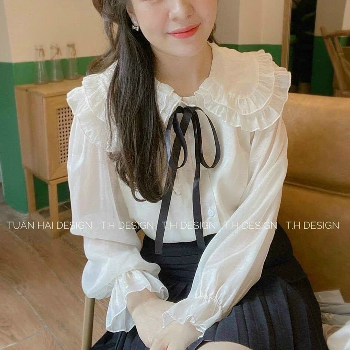 áo sơ mi tơ cúc ngọc 2 lớp viền bèo dọc cúc,áo sơ mi viền bèo xinh freeship 50k bao đổi trả