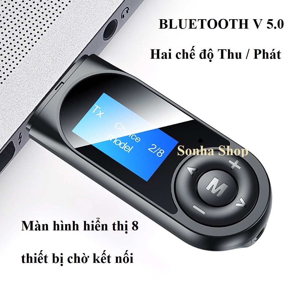 Usb Bluetooth 5.0 thu phát âm thanh Hifi Stereo có màn hình hiển thị cho Tivi, PC, Laptop, loa, âm ly, xe ô tô Jack3.5mm