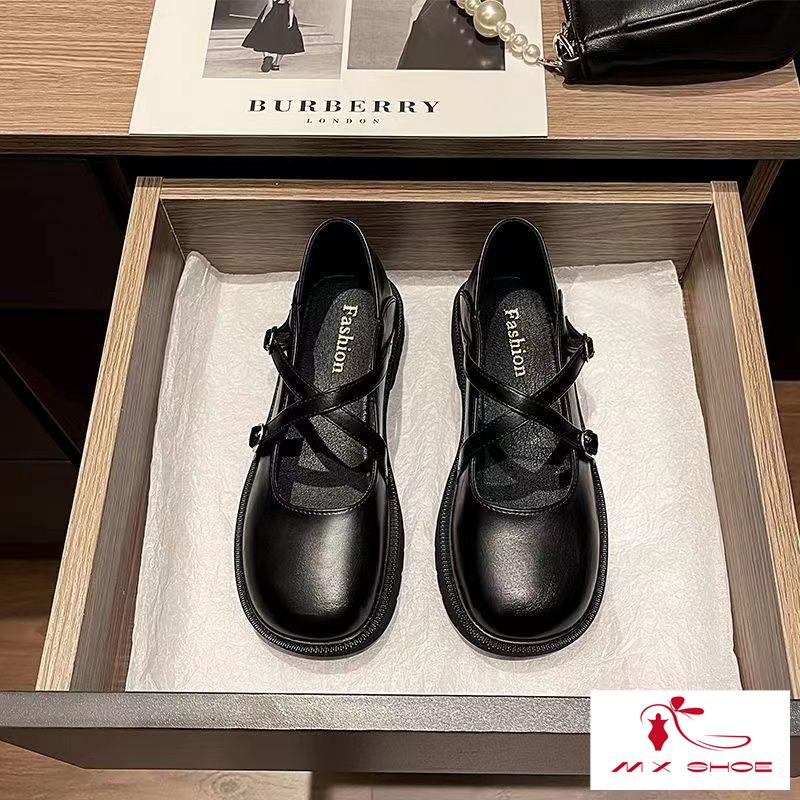 M & X ~  Giày Da Mũi Tròn Phong Cách Retro Pháp Cho Nữ