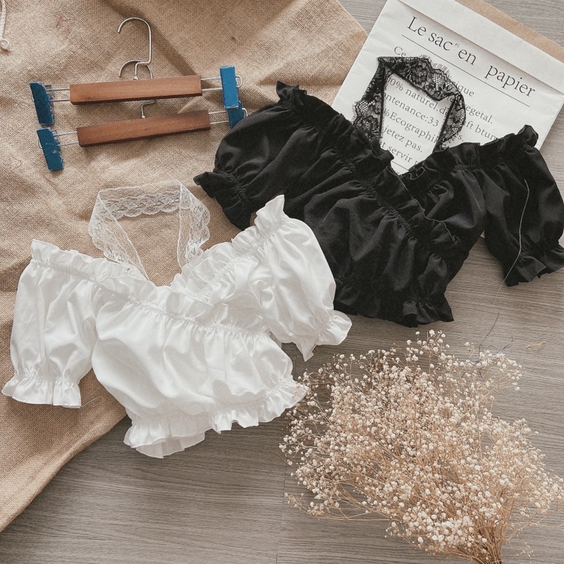 Áo kiểu croptop nữ đắp chéo phối ren, áo trễ vai tay phồng cổ bèo siêu xinh