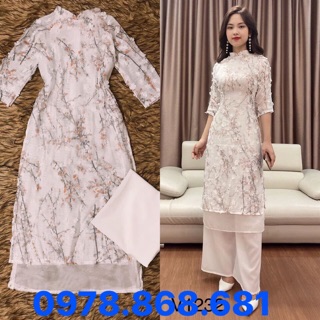 Áo dài cách tân, hoa đào tơ 2 lớp