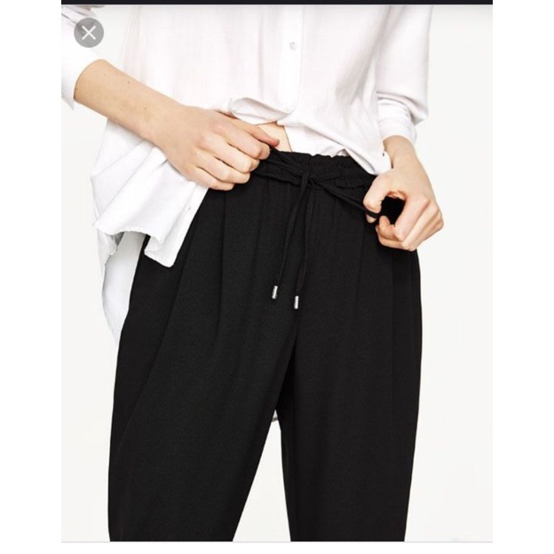 Quần vải tây âu công sở zra dáng baggy VNXK full tag quần trouser đen cạp chun dây rút zr xuất khẩu dư xịn