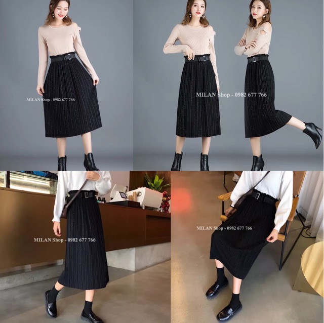 Chân váy dạ dài qua gối dập ly nhỏ nhũ và trơn ko nhũ