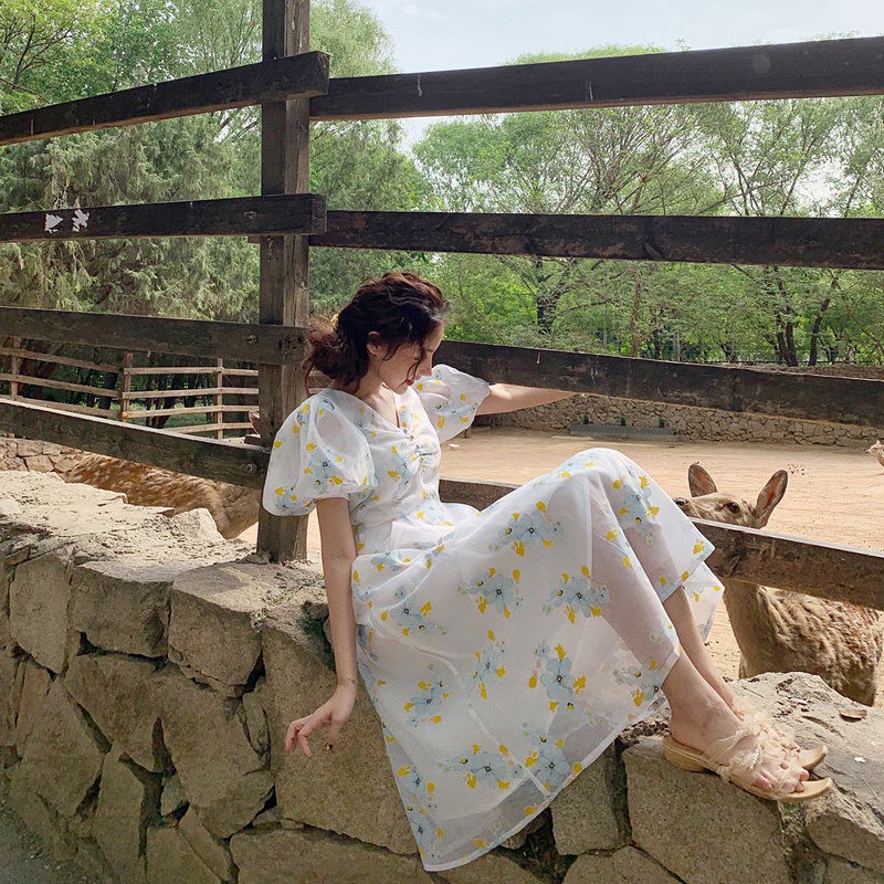 M85 - Đầm voan tiểu thư Ulzzang tay bồng đính nút nhúng ngực dáng xòe họa tiết hoa có Bigsize