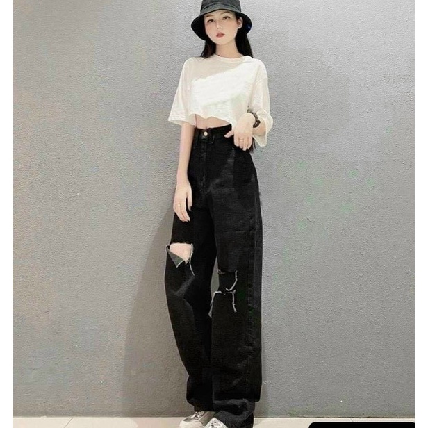 Quần Jean Nữ Ống Rộng Rách Gối  Dáng Xuông Vải Bò Basic Cực Hách Dáng Phong Cách Ulzzang đủ size S M L QX3