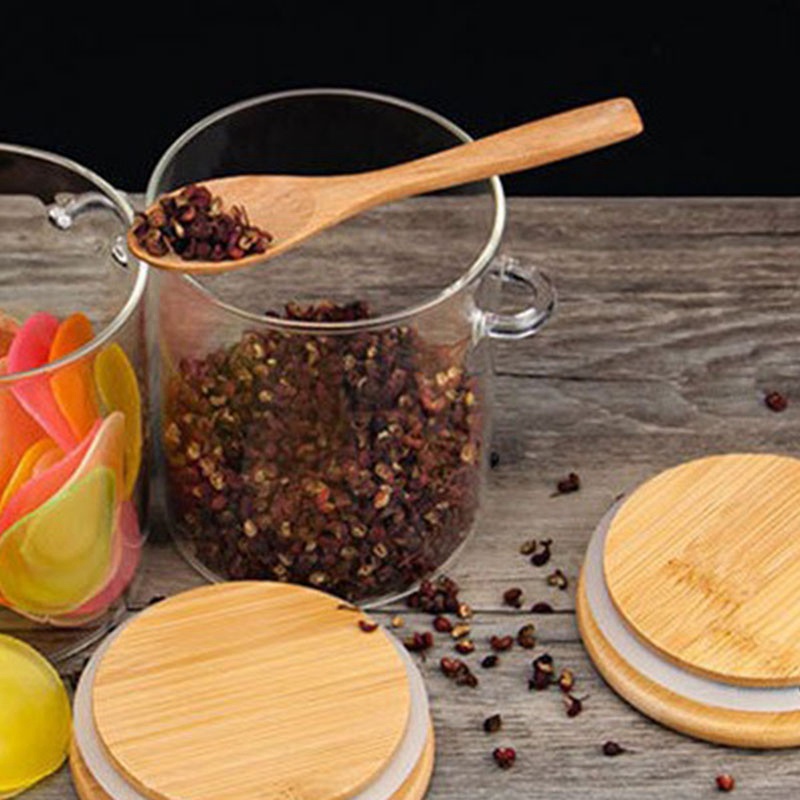 Set 2 Hũ Đựng Đường Có Nắp Tre Và Muỗng Bằng Thủy Tinh Trong Suốt Cho Nhà Bếp