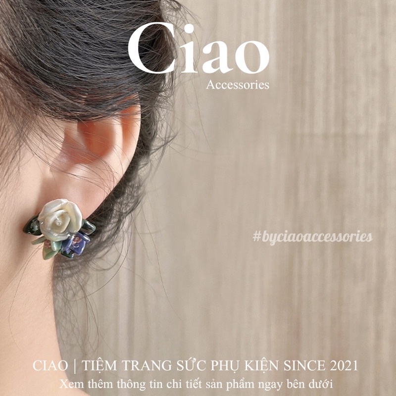 [HOẢ TỐC 1H] Khuyên tai/ Bông tai mạ bạc S925 thiết kế tráng gương Queen Rosa Ciao
