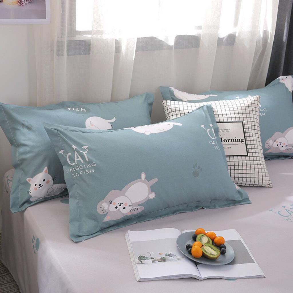Bộ chăn ga gối drap giường chất cotton poly họa tiết mèo trắng nền xanh nhạt